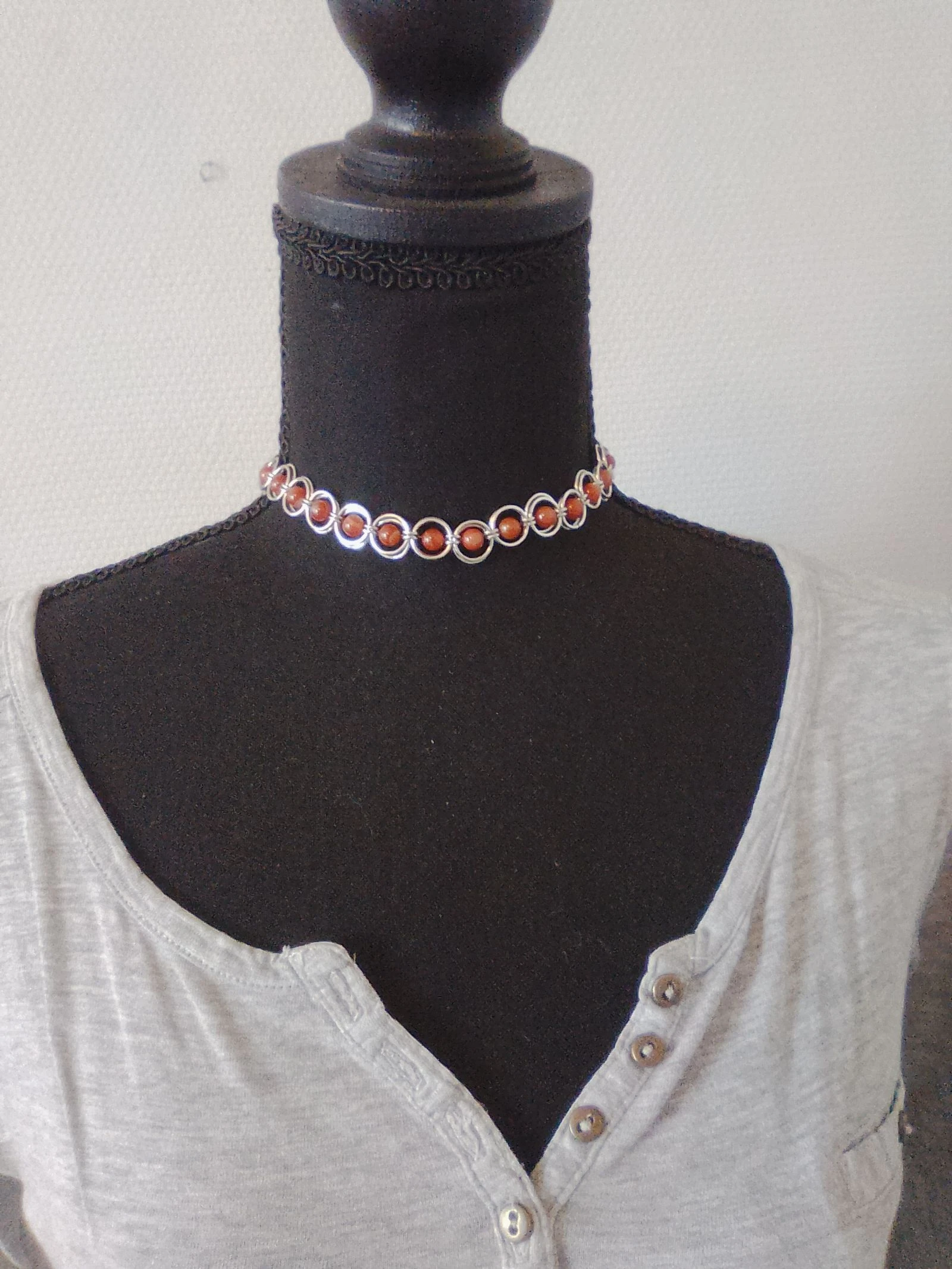 Collier choker unisexe chainmail japonais et pierres naturelles